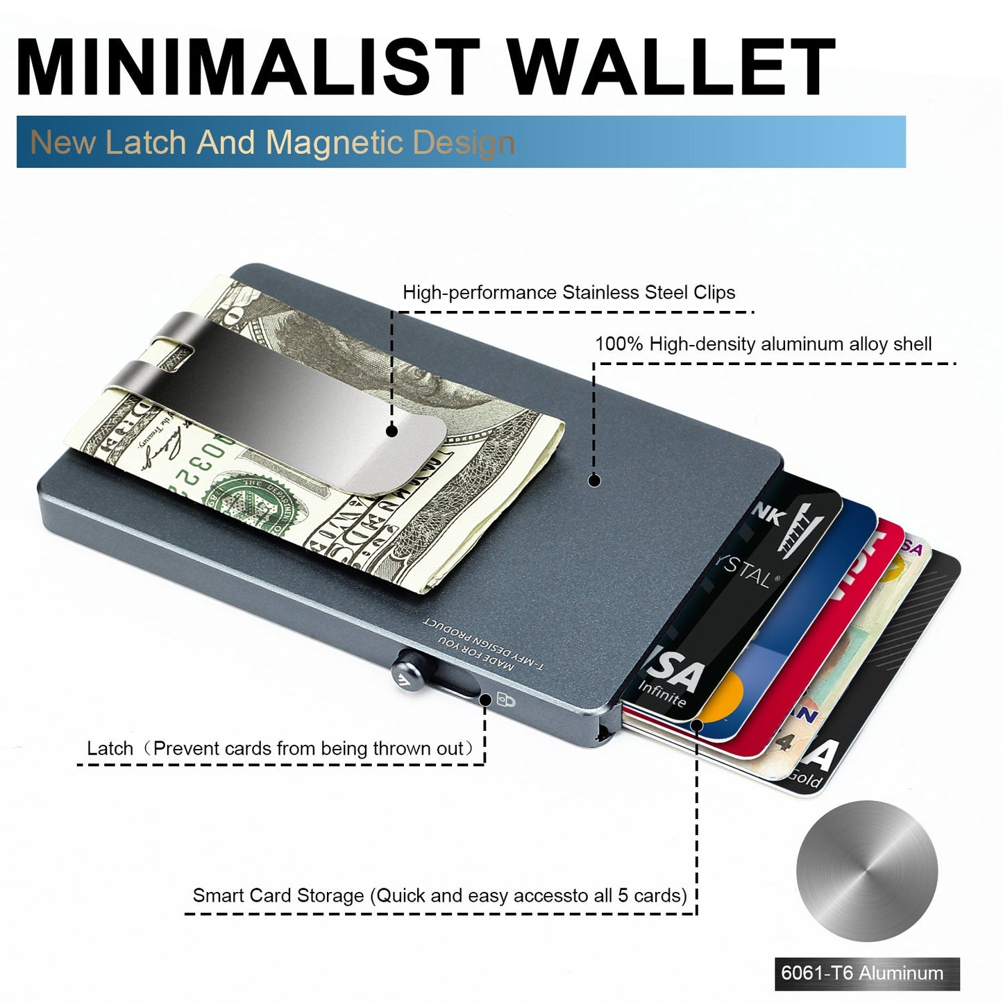 Minimalist Pop up Wallet with Money Clip, All Aluminum Slide Rfid Slim Card Holder TOYFID Wallet