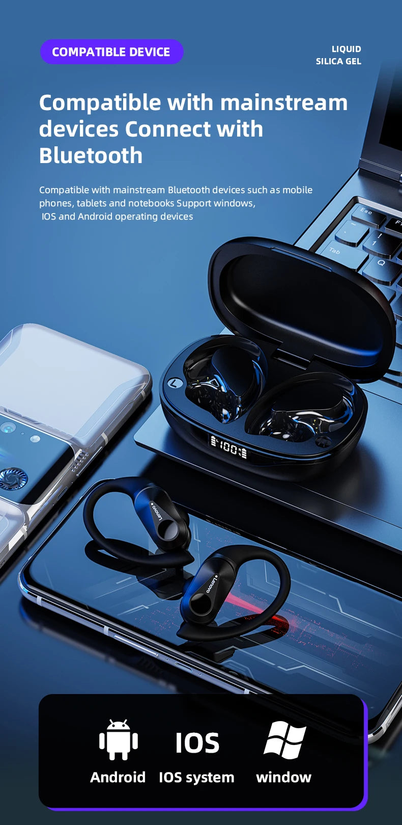 Lenovo LP75 TWS Wireless Bluetooth V5.3 Earphones IPX5 Digital Display Ear Hook Earbuds HiFi Stereo Noise Reduction Headphones Solveify