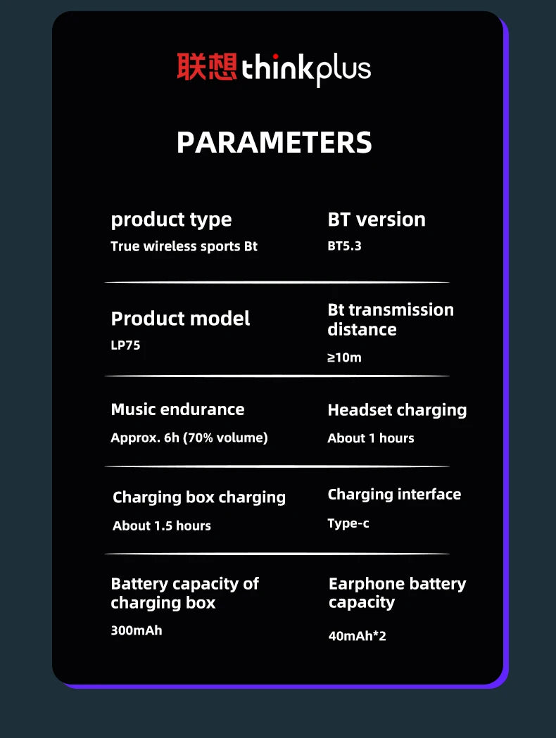 Lenovo LP75 TWS Wireless Bluetooth V5.3 Earphones IPX5 Digital Display Ear Hook Earbuds HiFi Stereo Noise Reduction Headphones Solveify