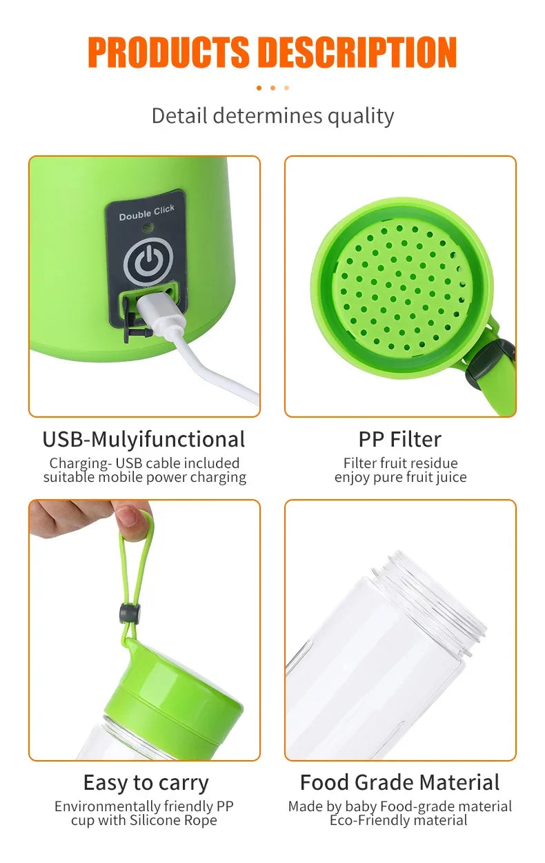 Mini Juicer Portable Blender Fruit Smoothie Milkshake Electric Juicer USB Rechargeable Juice Cup Food Processor Kitchen Supplies Solveify