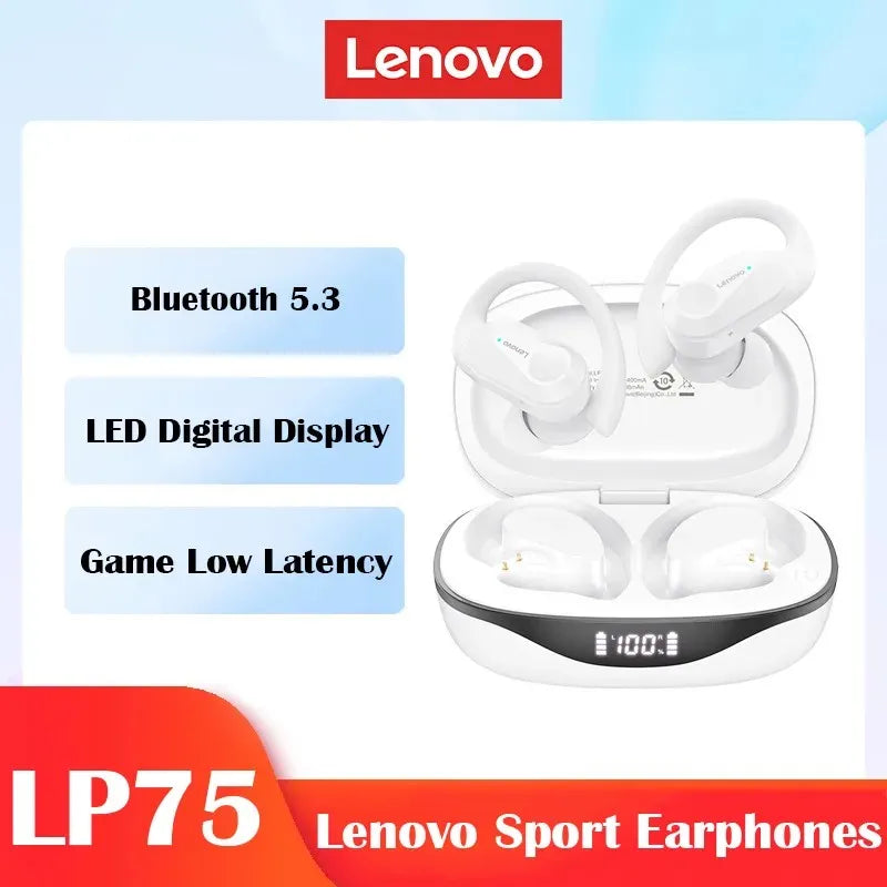 Lenovo LP75 TWS Wireless Bluetooth V5.3 Earphones IPX5 Digital Display Ear Hook Earbuds HiFi Stereo Noise Reduction Headphones Solveify