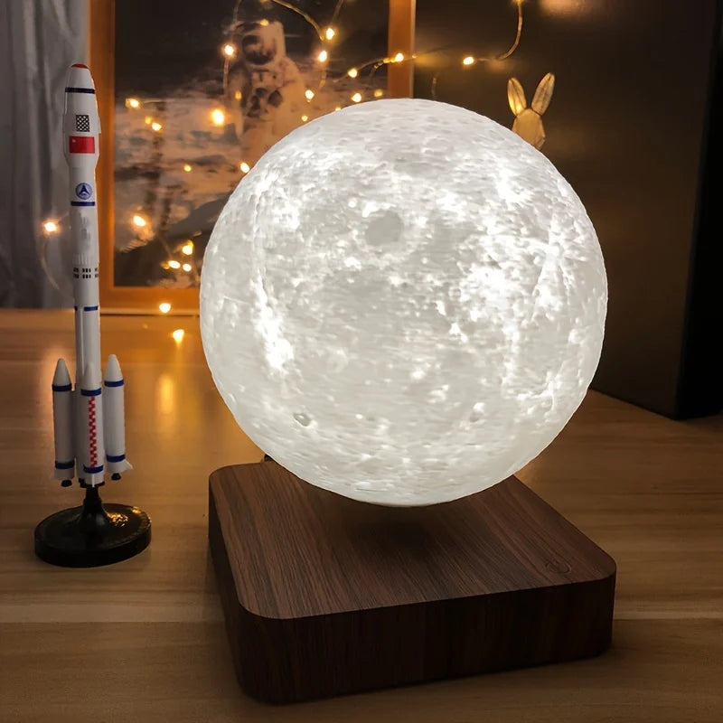 Levitating Moon Magnetic Floating Night Light, 3 Colors Temperature, Creative Table 3D LED Lamp with Wooden Base for Gift Office Solveify