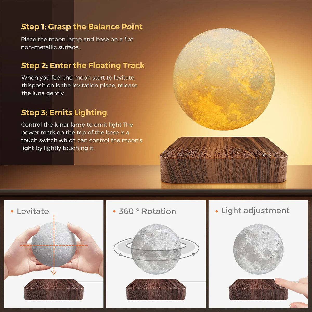 Levitating Moon Magnetic Floating Night Light, 3 Colors Temperature, Creative Table 3D LED Lamp with Wooden Base for Gift Office Solveify