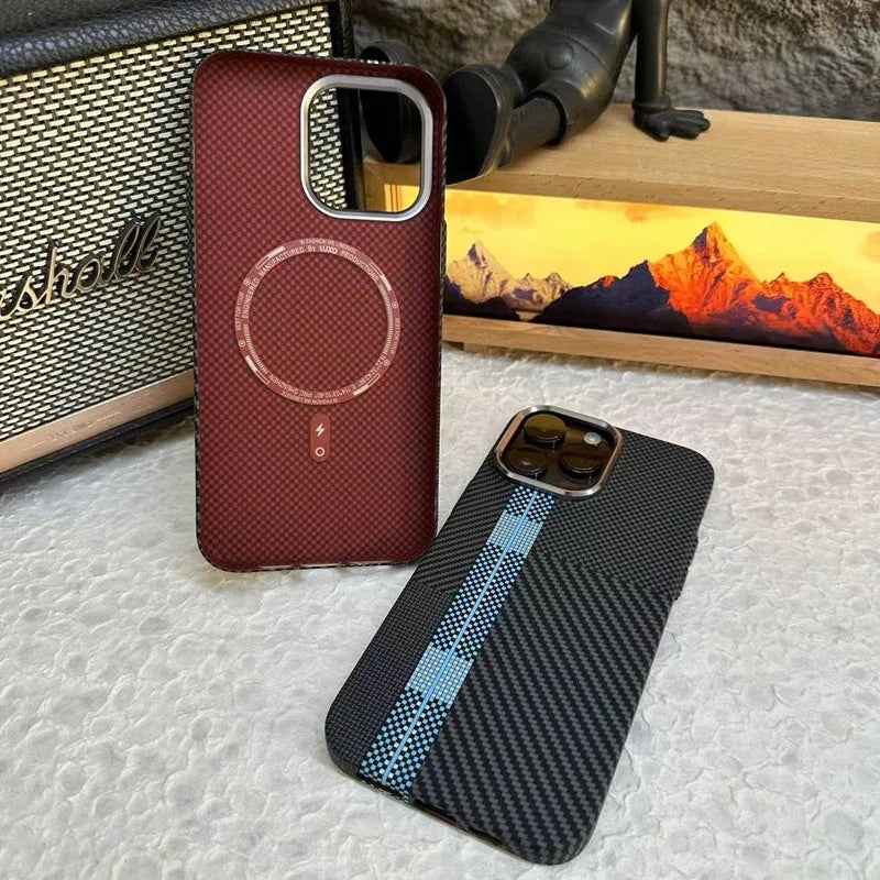For Magsafe Carbon Fiber Texture Armor Case For iPhone 17 17Pro Max 16 Pro Ultrathin Alloy Lens Wireless Charge Hard Cover Coque Solveify