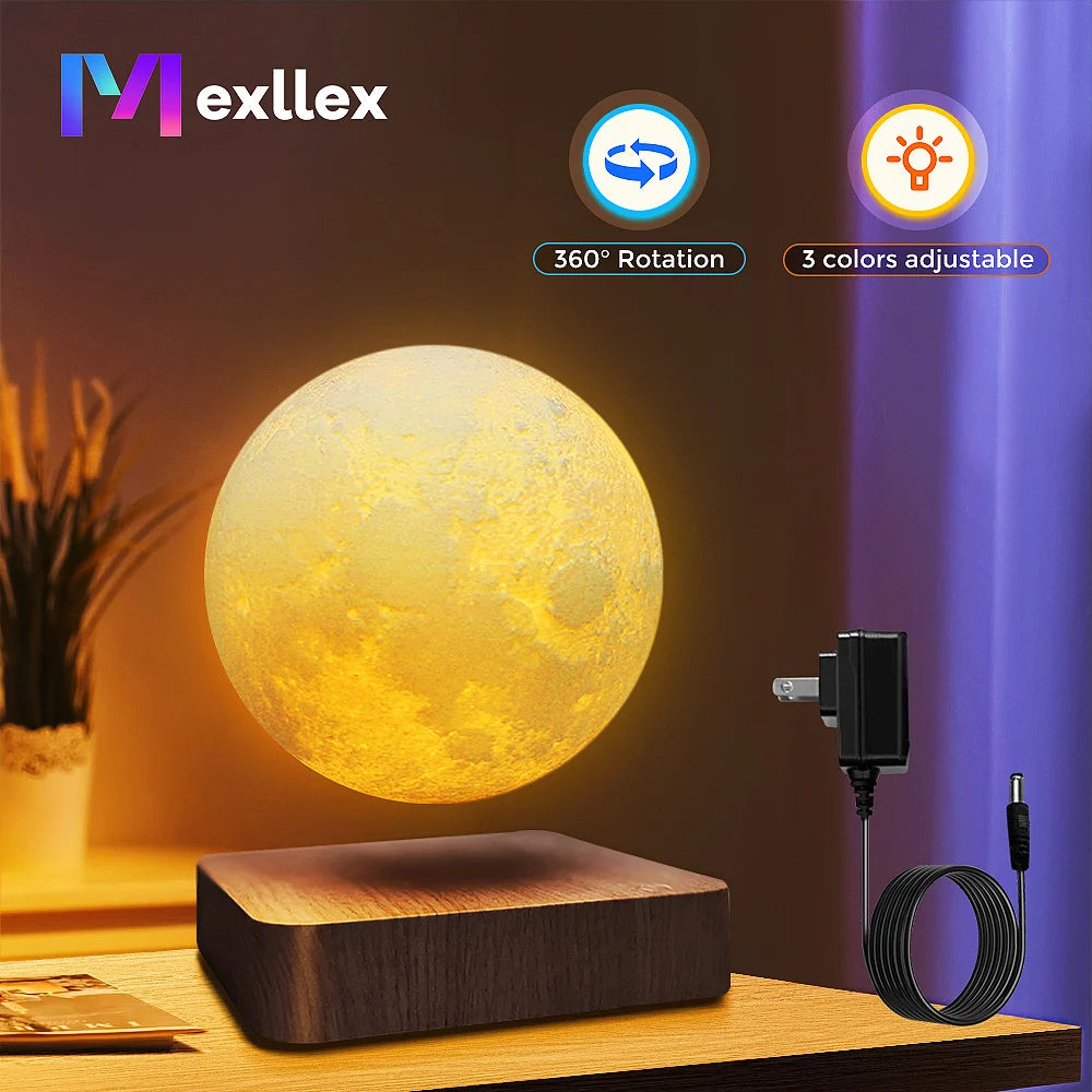 Levitating Moon Magnetic Floating Night Light, 3 Colors Temperature, Creative Table 3D LED Lamp with Wooden Base for Gift Office Solveify