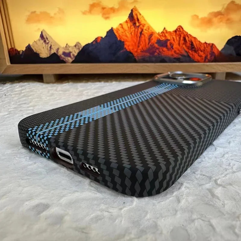 For Magsafe Carbon Fiber Texture Armor Case For iPhone 17 17Pro Max 16 Pro Ultrathin Alloy Lens Wireless Charge Hard Cover Coque Solveify