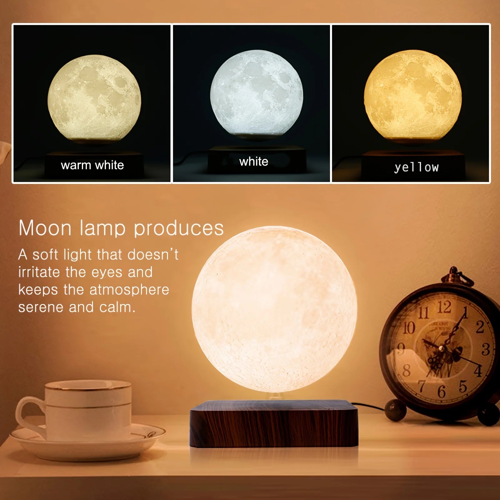 Levitating Moon Magnetic Floating Night Light, 3 Colors Temperature, Creative Table 3D LED Lamp with Wooden Base for Gift Office Solveify