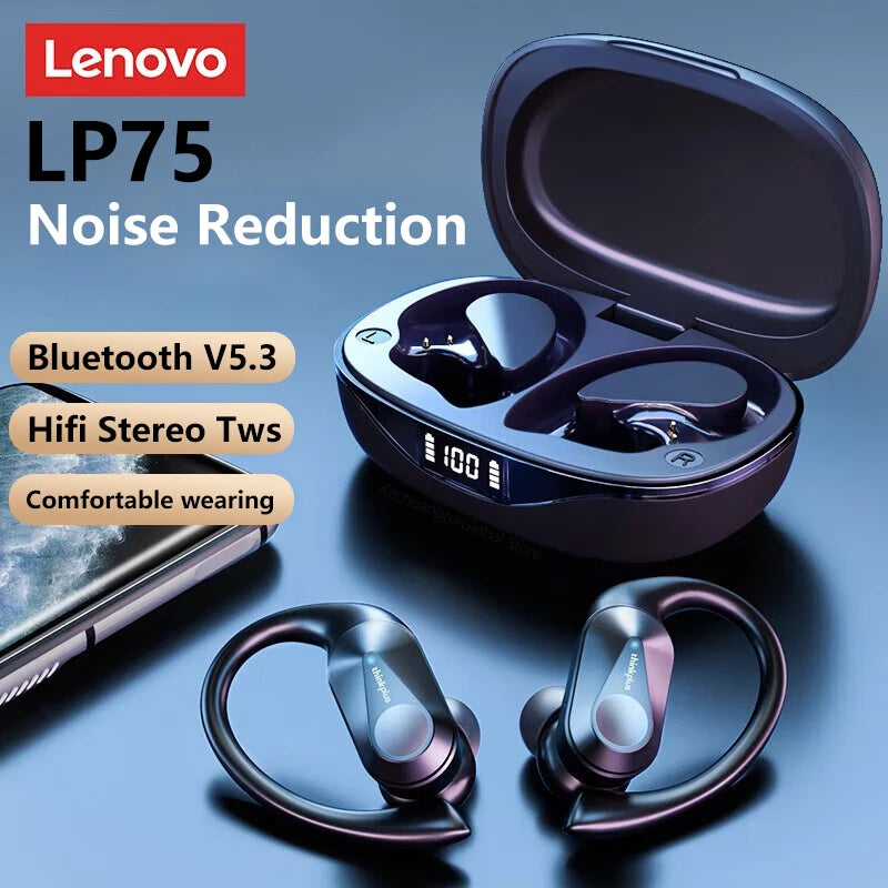 Lenovo LP75 TWS Wireless Bluetooth V5.3 Earphones IPX5 Digital Display Ear Hook Earbuds HiFi Stereo Noise Reduction Headphones Solveify