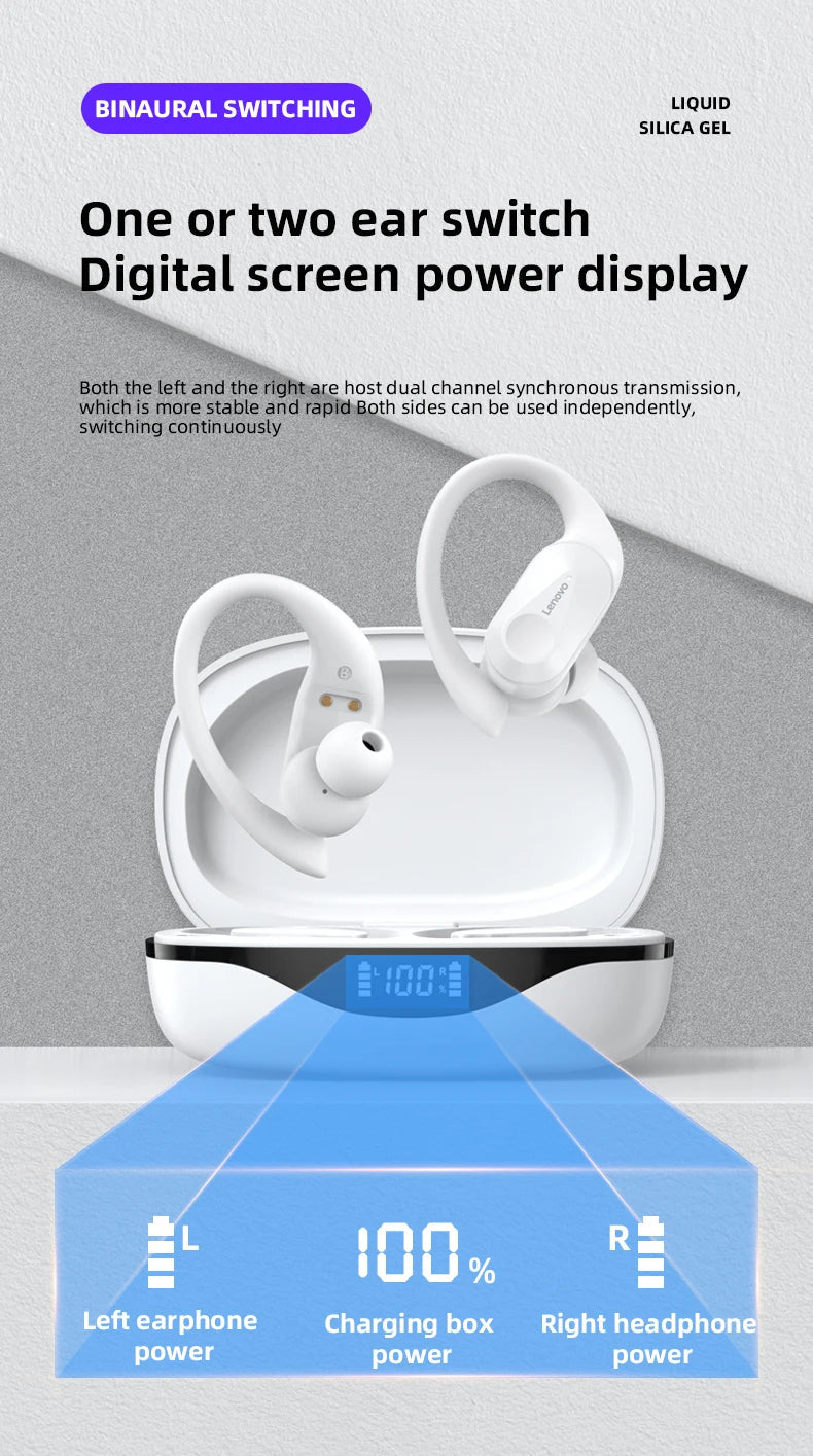 Lenovo LP75 TWS Wireless Bluetooth V5.3 Earphones IPX5 Digital Display Ear Hook Earbuds HiFi Stereo Noise Reduction Headphones Solveify