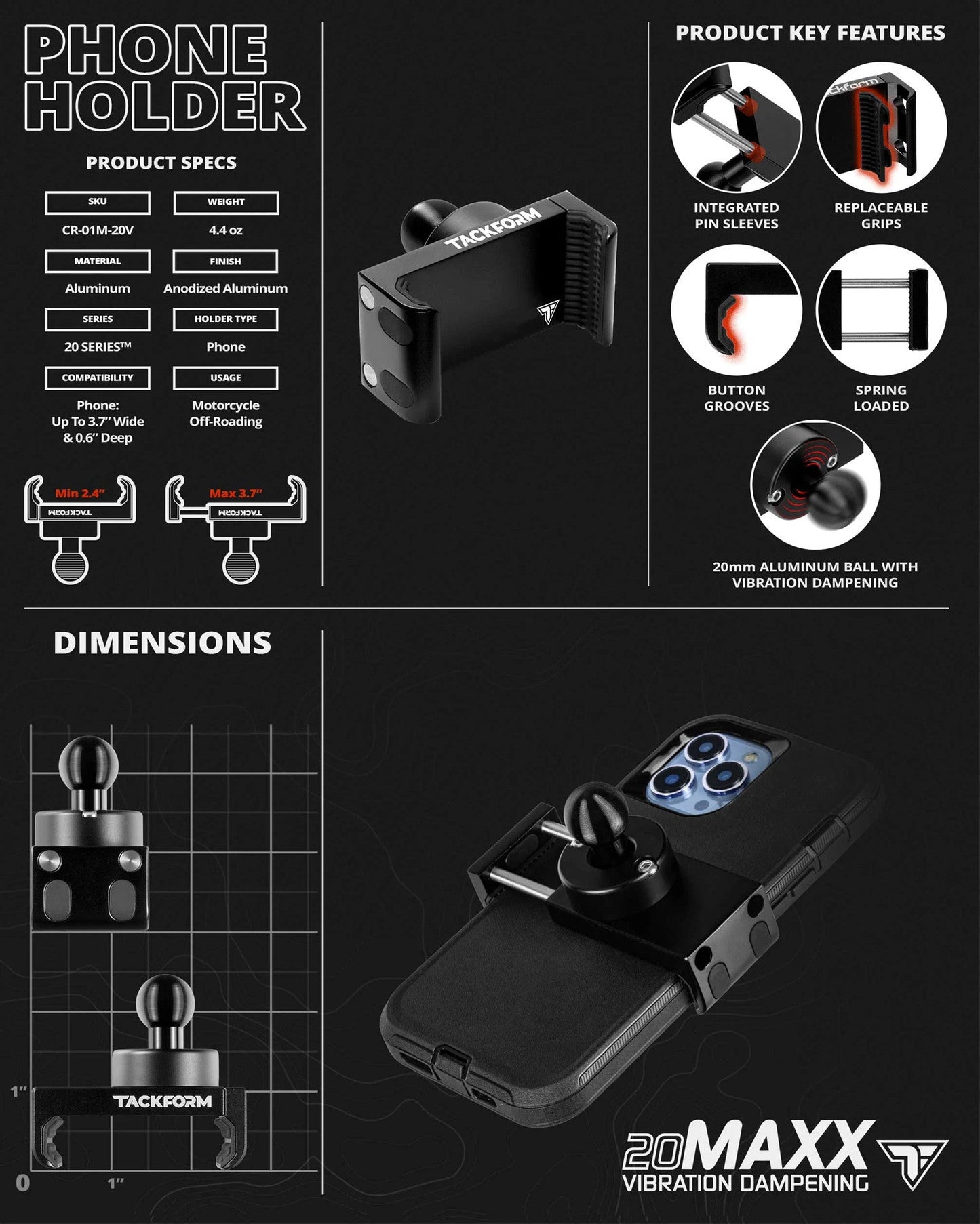 BLACK 20MAXX HIGH SPRING TENSION MOTORCYCLE CRADLE FOR IPHONE GRIP'R