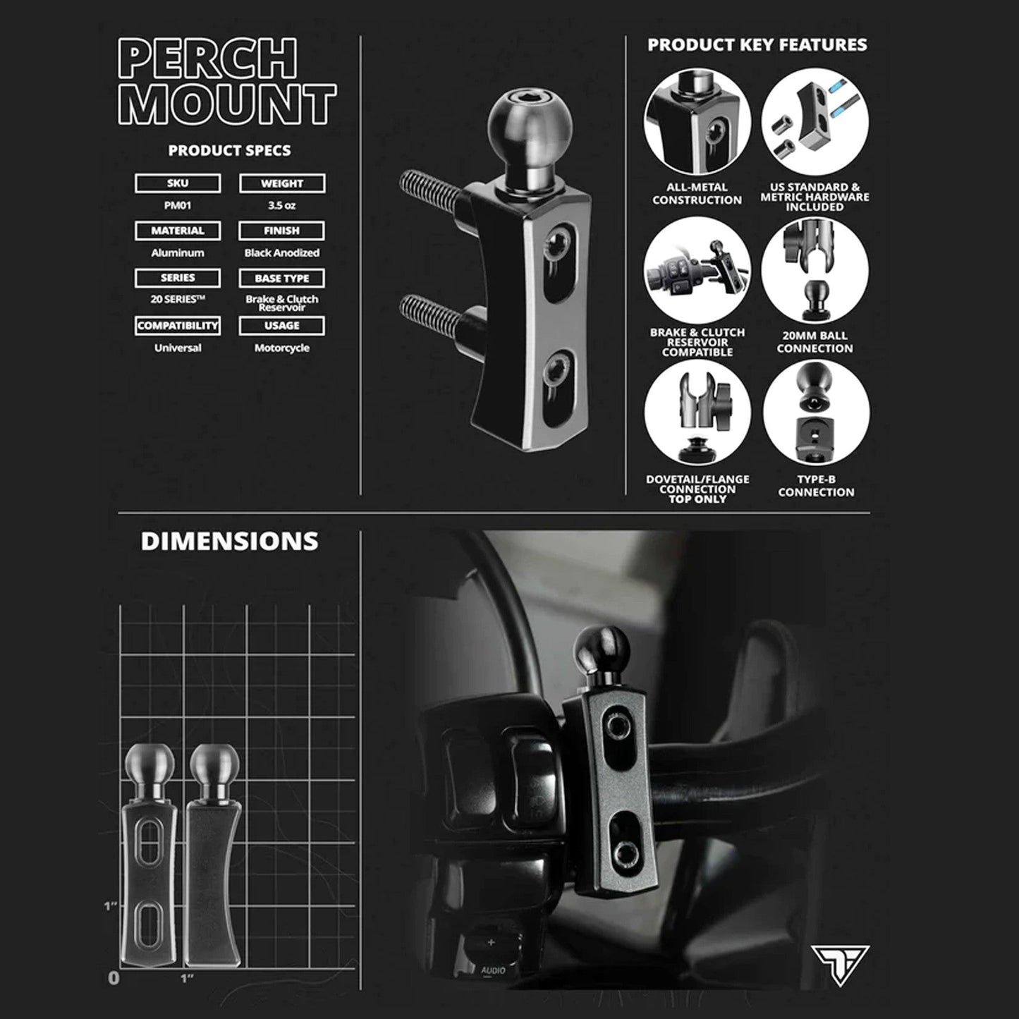 PERCH / BRAKE / CLUTCH MOUNT | 20 SERIES™ | 20MM BALL & DOVE TAIL GRIP'R